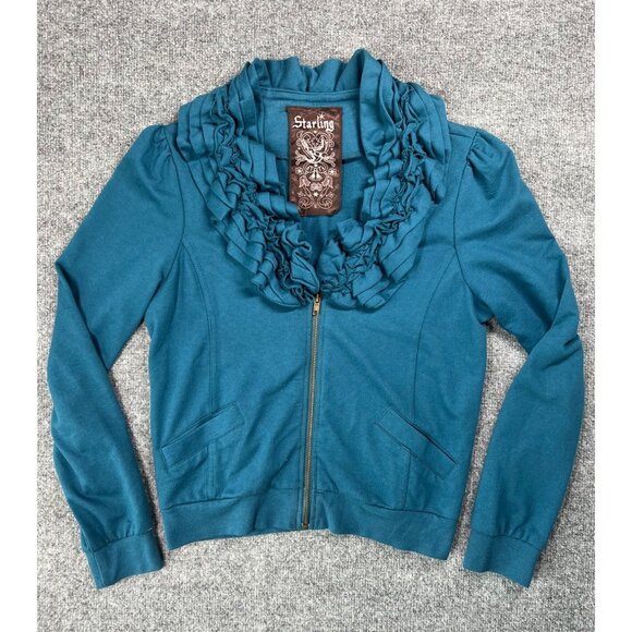 Starling Women's Teal Ruffled Collar Zipper Jacket Size L chic soft comfortable - Picture 2 of 6